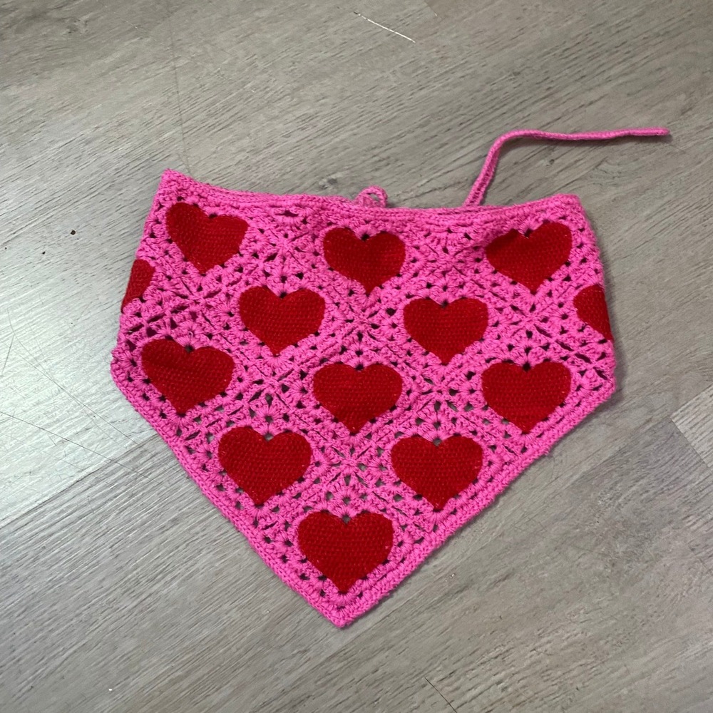 Handmade Crochet Halter Top Womens One Size Pink Red Heart Knit Festival Boho